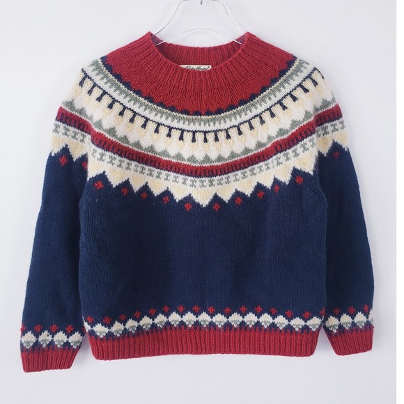 Eddie Bauer Sweaters - Eddie Bauer Fair Isle Wool Sweater Navy Blue Red Crewneck Womens Petite Medium